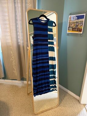 Corey Lynn Calter Anthropologie Striped Sleeveless Midi Dress in Navy and Teal